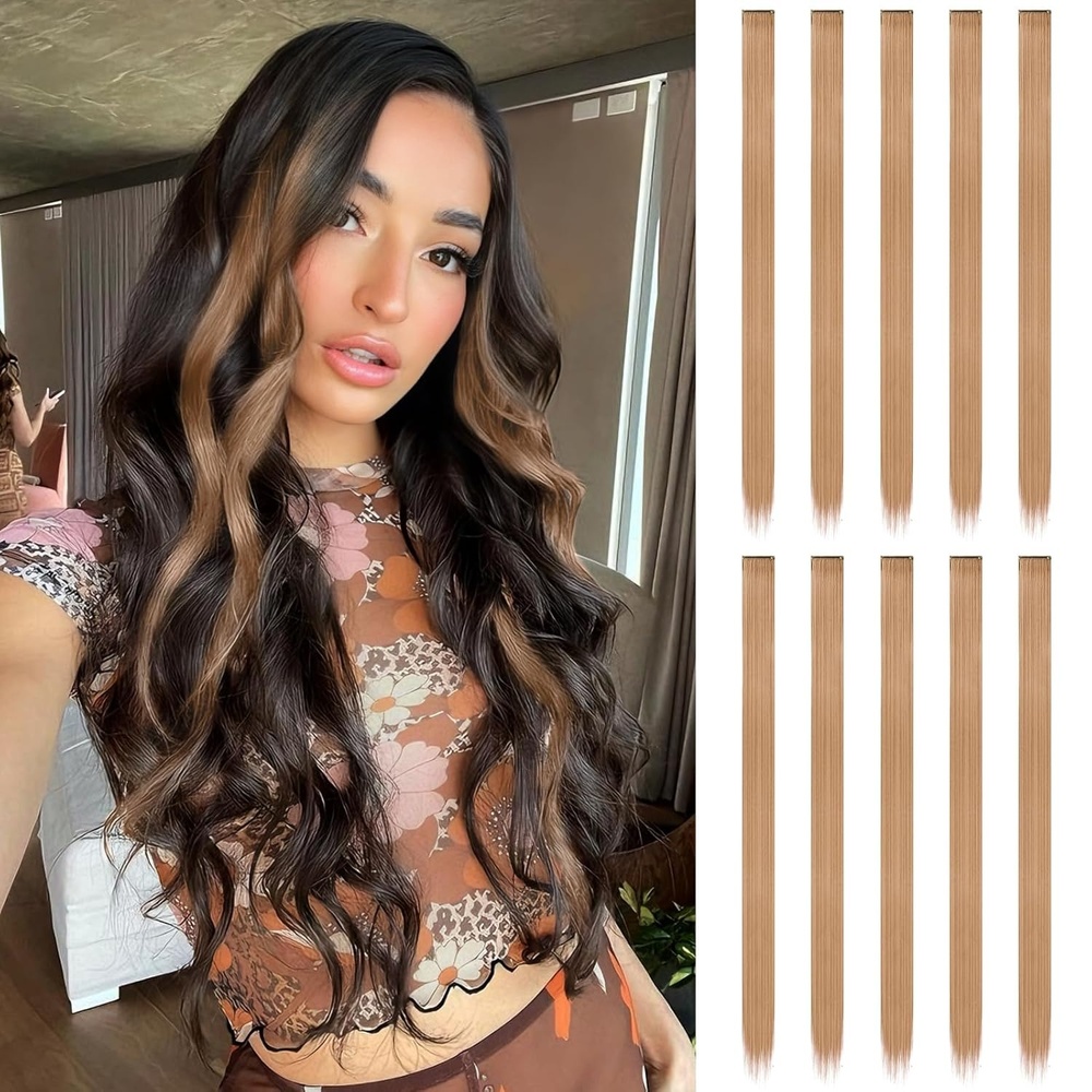 image:imageFESHFEN Leopard Printed Clip in Hair Extensions  6PCS Red Long Synthetic Straight Clip in Hair Extensions Stripe Printed Hairpiece Colorful Accessories for Women 18 InchBrown Mixed Blonde 10 PCS