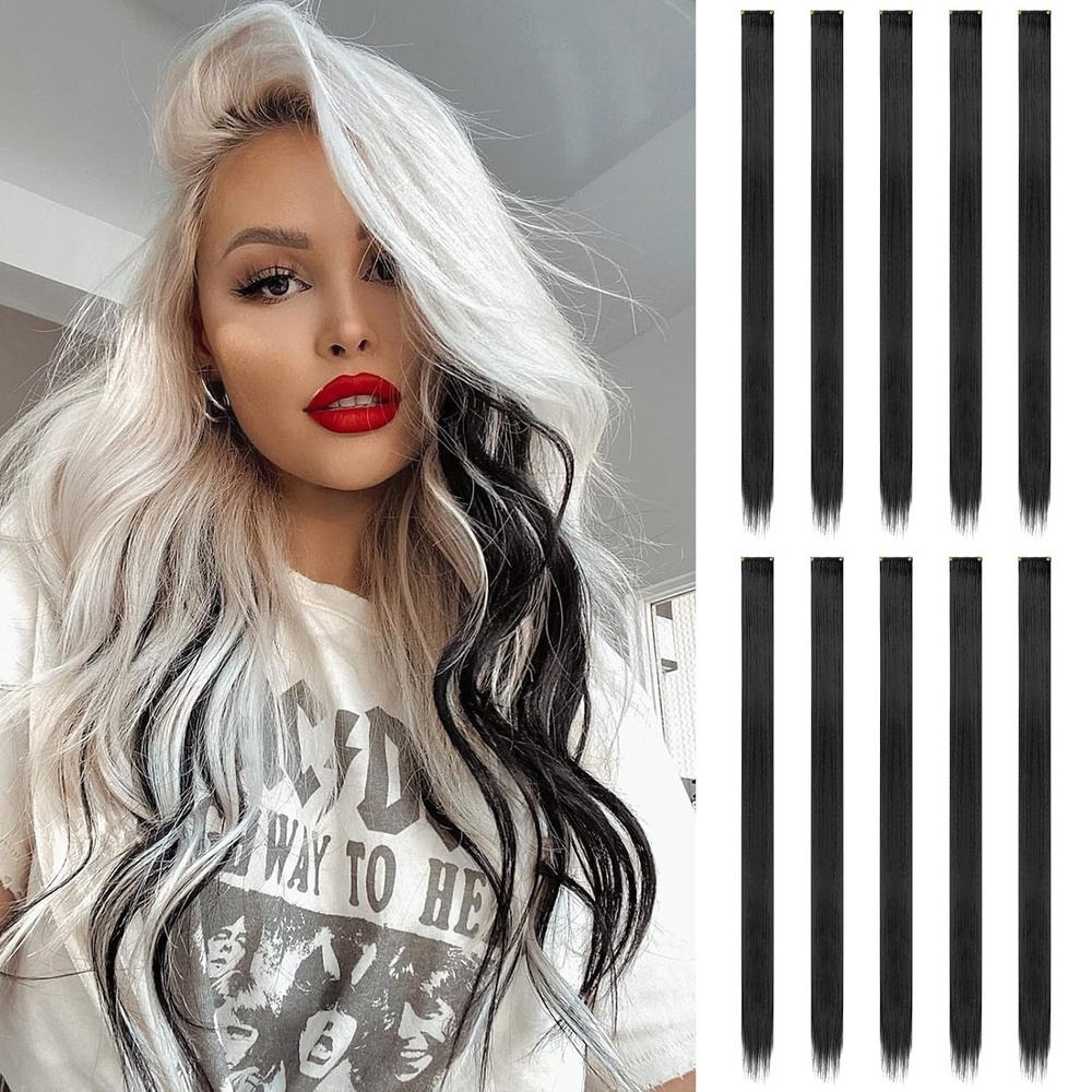 image:imageFESHFEN Leopard Printed Clip in Hair Extensions  6PCS Red Long Synthetic Straight Clip in Hair Extensions Stripe Printed Hairpiece Colorful Accessories for Women 18 InchBlalck 10 PCS