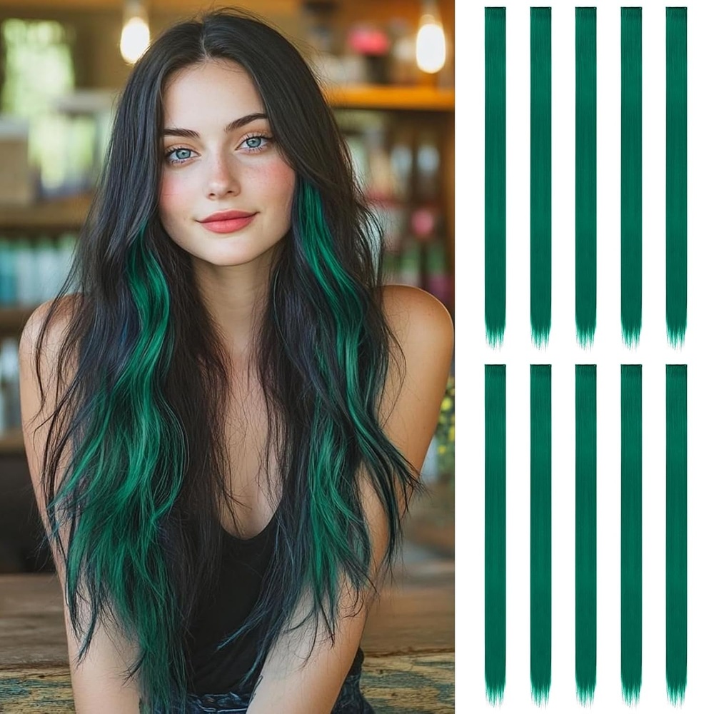 image:imageFESHFEN Leopard Printed Clip in Hair Extensions  6PCS Red Long Synthetic Straight Clip in Hair Extensions Stripe Printed Hairpiece Colorful Accessories for Women 18 InchPolaris 10 PCS