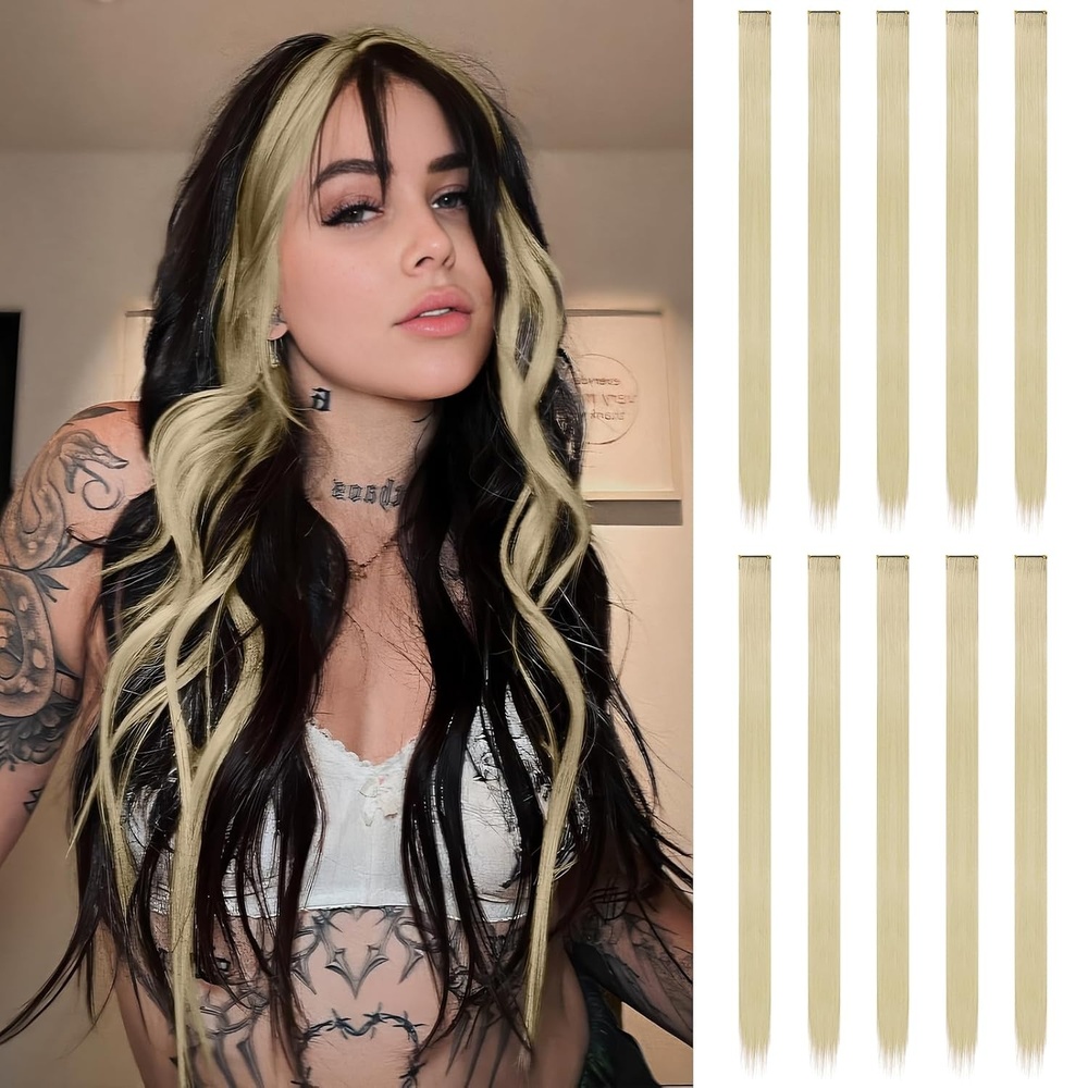 image:imageFESHFEN Leopard Printed Clip in Hair Extensions 6PCS Red Long Synthetic Straight Clip in Hair Extensions Stripe Printed Hairpiece Colorful Accessories for Women 18 InchAsh Blonde 10 PCS