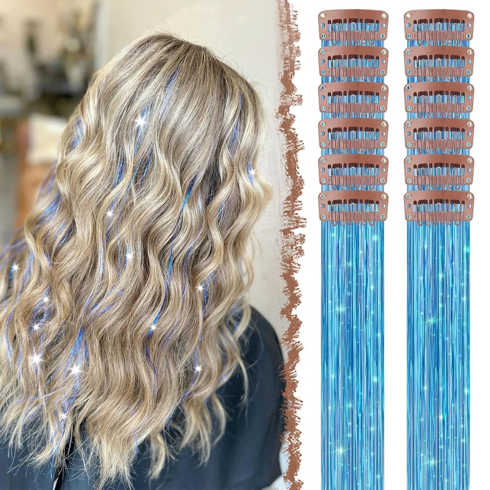 image:imageFESHFEN Leopard Printed Clip in Hair Extensions  6PCS Red Long Synthetic Straight Clip in Hair Extensions Stripe Printed Hairpiece Colorful Accessories for Women 18 InchSkyblue 12 PCS