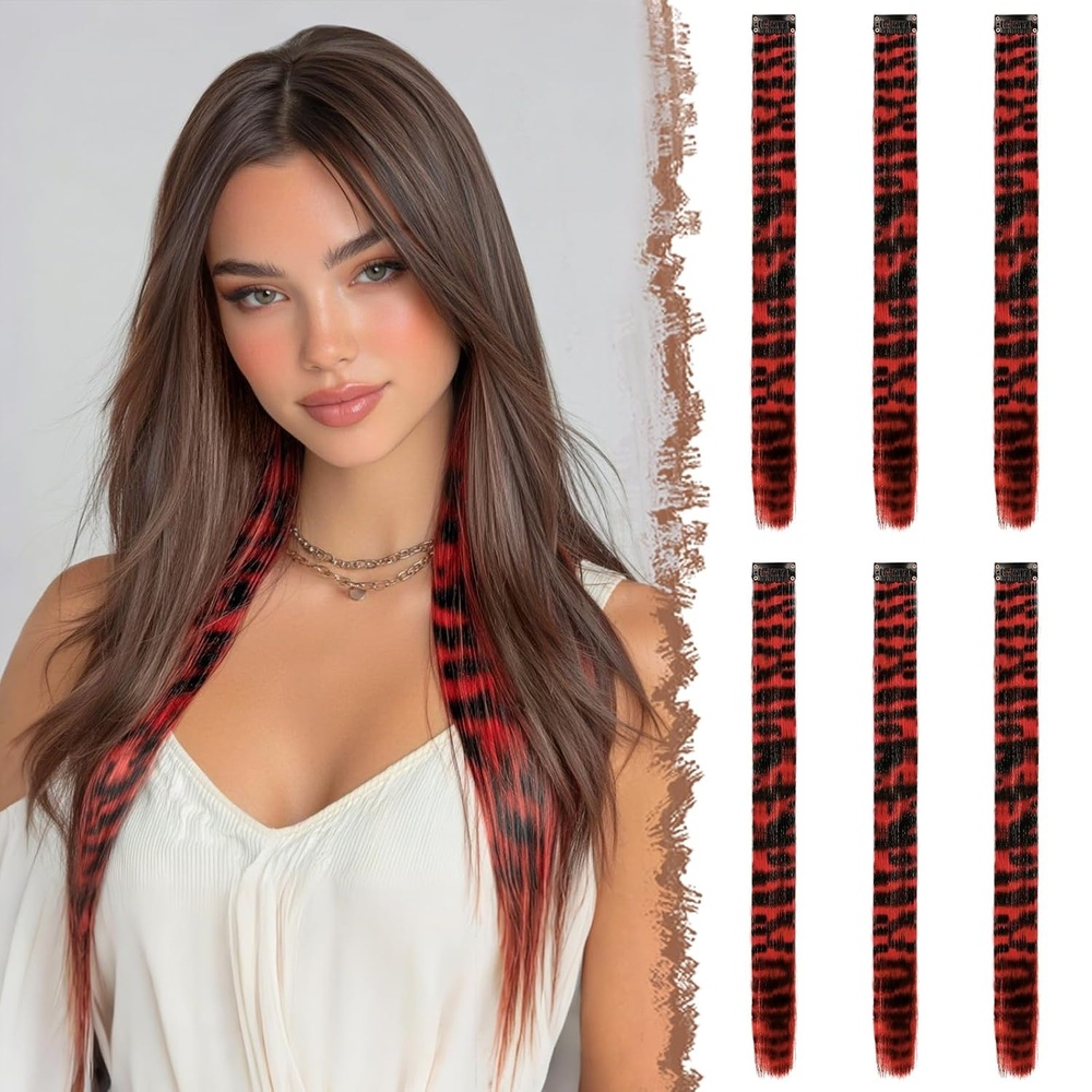 image:imageFESHFEN Leopard Printed Clip in Hair Extensions 6PCS Red Long Synthetic Straight Clip in Hair Extensions Stripe Printed Hairpiece Colorful Accessories for Women 18 InchRed 6 PCS