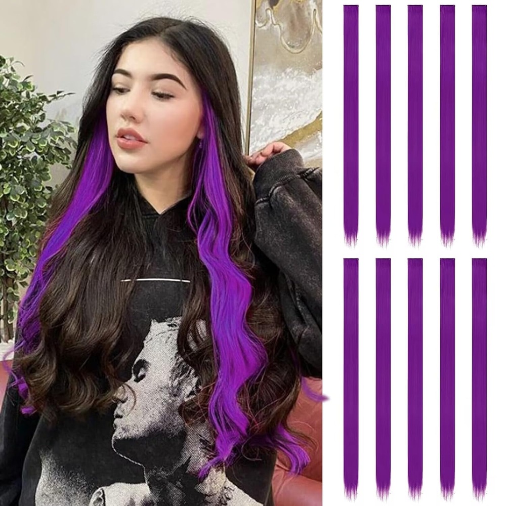 image:imageFESHFEN Leopard Printed Clip in Hair Extensions  6PCS Red Long Synthetic Straight Clip in Hair Extensions Stripe Printed Hairpiece Colorful Accessories for Women 18 InchDark Purple 10 PCS
