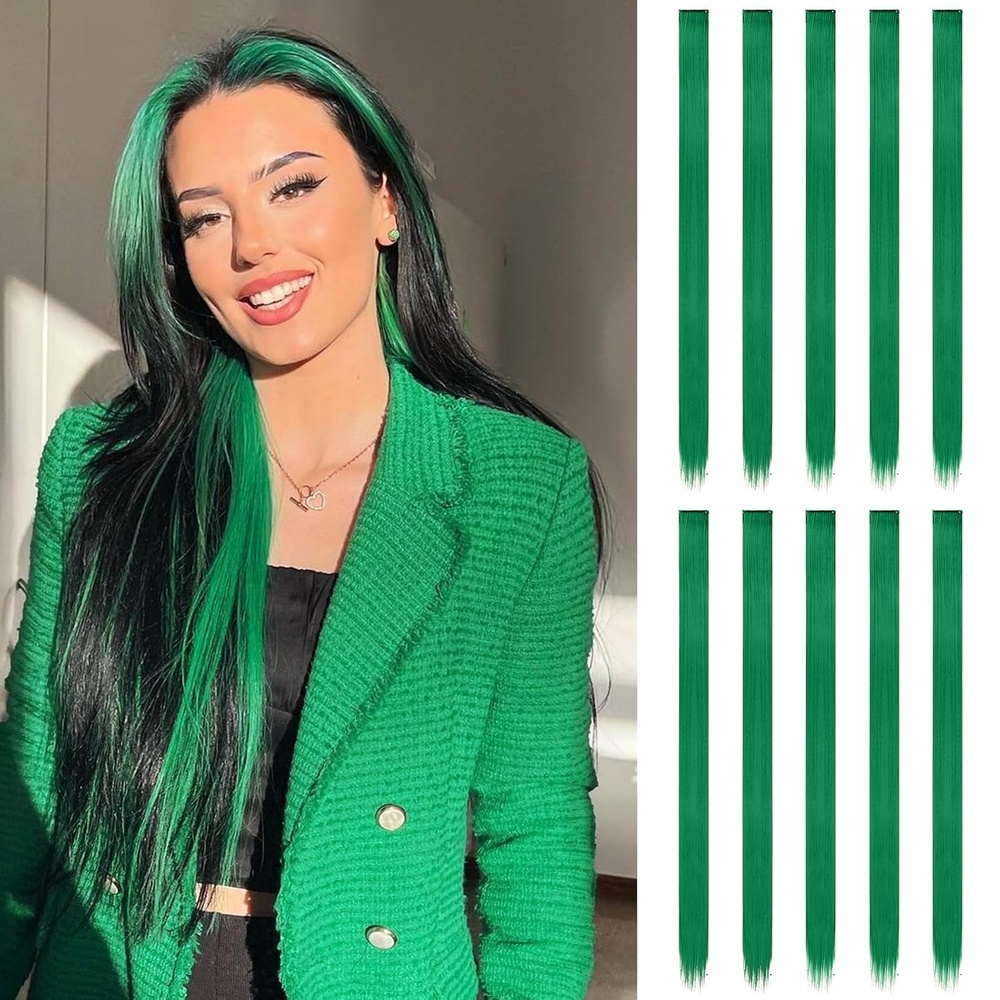 image:imageFESHFEN Leopard Printed Clip in Hair Extensions 6PCS Red Long Synthetic Straight Clip in Hair Extensions Stripe Printed Hairpiece Colorful Accessories for Women 18 InchGreen 10 PCS