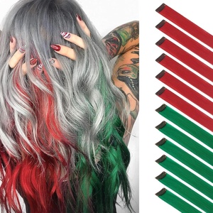 FESHFEN Leopard Printed Clip in Hair Extensions – 6PCS Red Long Synthetic Straight Clip in Hair Extensions Stripe Printed Hairpiece Colorful Accessories for Women 18 Inch(Red & Green 12 PCS)