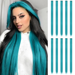 FESHFEN Leopard Printed Clip in Hair Extensions – 6PCS Red Long Synthetic Straight Clip in Hair Extensions Stripe Printed Hairpiece Colorful Accessories for Women 18 Inch(Teal 10 PCS)