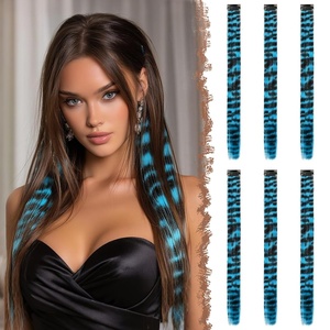 FESHFEN Leopard Printed Clip in Hair Extensions – 6PCS Red Long Synthetic Straight Clip in Hair Extensions Stripe Printed Hairpiece Colorful Accessories for Women 18 Inch(Blue 6 PCS)