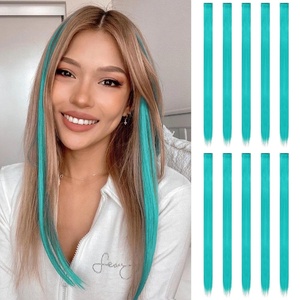 FESHFEN Leopard Printed Clip in Hair Extensions – 6PCS Red Long Synthetic Straight Clip in Hair Extensions Stripe Printed Hairpiece Colorful Accessories for Women 18 Inch(Teal Blue 10 PCS)