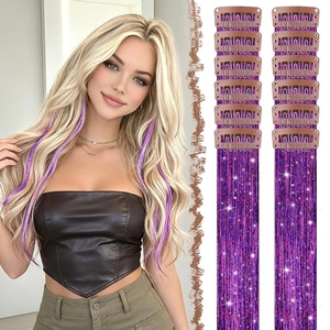 FESHFEN Leopard Printed Clip in Hair Extensions – 6PCS Red Long Synthetic Straight Clip in Hair Extensions Stripe Printed Hairpiece Colorful Accessories for Women 18 Inch(Purple 12 PCS)