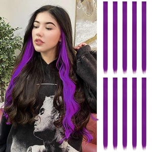 FESHFEN Leopard Printed Clip in Hair Extensions – 6PCS Red Long Synthetic Straight Clip in Hair Extensions Stripe Printed Hairpiece Colorful Accessories for Women 18 Inch(Dark Purple 10 PCS)
