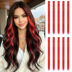 FESHFEN Leopard Printed Clip in Hair Extensions – 6PCS Red Long Synthetic Straight Clip in Hair Extensions Stripe Printed Hairpiece Colorful Accessories for Women 18 Inch(Red 10 PCS)