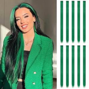 FESHFEN Leopard Printed Clip in Hair Extensions – 6PCS Red Long Synthetic Straight Clip in Hair Extensions Stripe Printed Hairpiece Colorful Accessories for Women 18 Inch(Green 10 PCS)