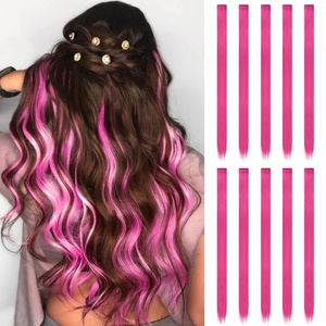 FESHFEN Leopard Printed Clip in Hair Extensions – 6PCS Red Long Synthetic Straight Clip in Hair Extensions Stripe Printed Hairpiece Colorful Accessories for Women 18 Inch(Hot Pink 10 PCS)