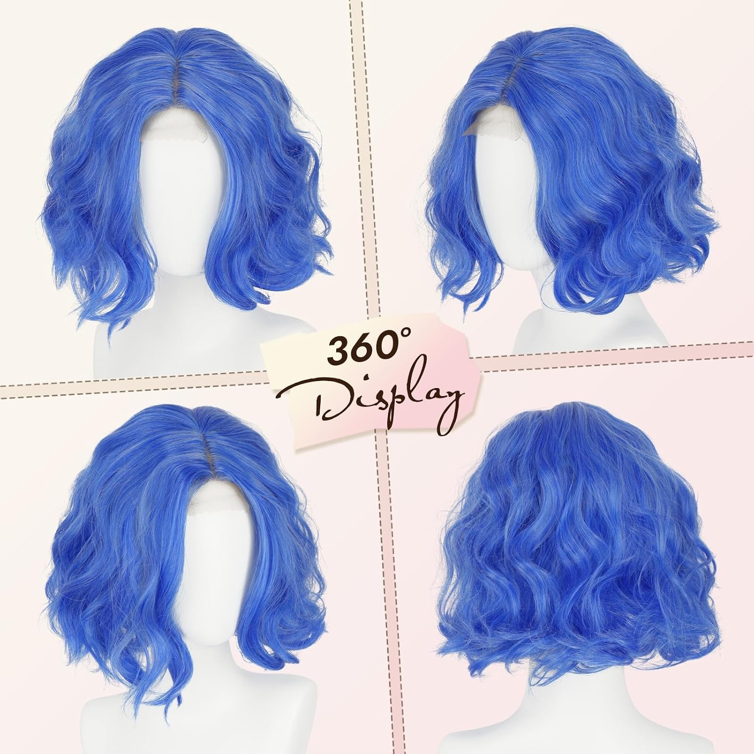 image:imageFESHFEN Short Wavy Bob Wig for Women 11 Inch Lace Front Hairline Middle Part Wavy Curly Natural Looking Synthetic Wig for Daily Party Costume BlondePinkDark Blue