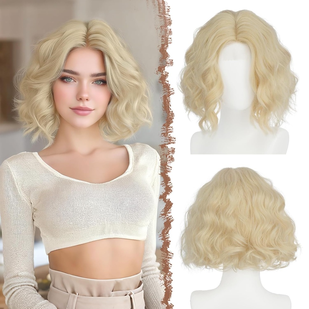 image:imageFESHFEN Short Wavy Bob Wig for Women 11 Inch Lace Front Hairline Middle Part Wavy Curly Natural Looking Synthetic Wig for Daily Party Costume BlondePinkBlonde