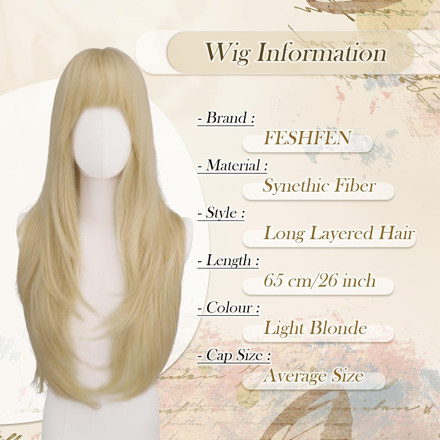 image:imageFESHFEN Long Layered Pink Wig with Bangs Wavy Wigs for WomenLight Blonde
